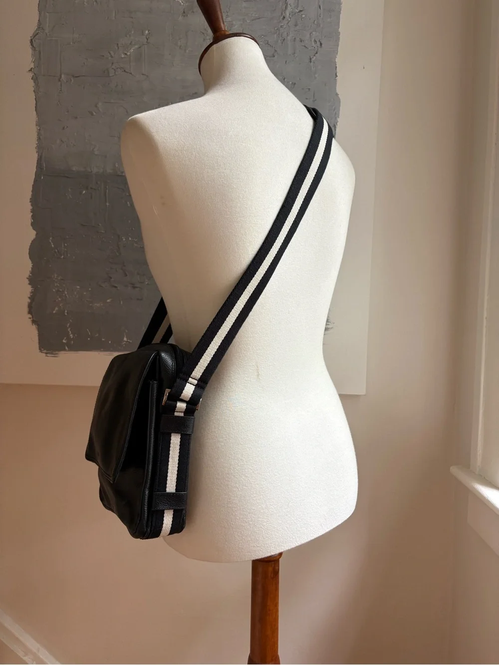 Picard Black Leather Messenger Bag with Striped Adjustable Strap